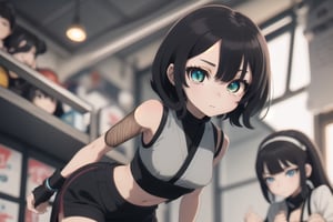  1girl, very_petite:1.2, hair_past_waist:1.3, black_hair, fishnets, emerald_eyes, in style of naruto, young, spiral_eyes:1.6, tiny_breasts, kunoichi