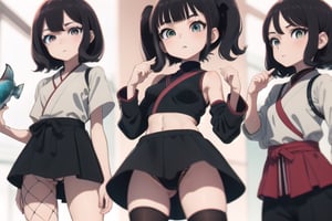  1girl, very_petite:1.2, hair_past_waist:1.3, black_hair, fishnets, emerald_eyes, in style of naruto, young, spiral_eyes:1.6, tiny_breasts, kunoichi