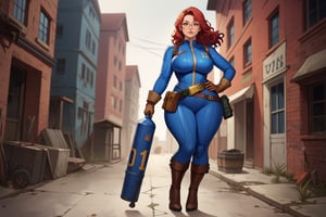 score_9, score_8_up, score_7_up, best quality, masterpiece, 4k, solo_female, full-length_portrait, fully_dressed, fully_clothed, fallout_4, vault_dweller, vault suit, blue vault suit, pipboy, thigh high boots, high heeled boots, brown high heeled boots, yellow vault dweller belt, round glasses, meganekko, curvaceous, plump breasts, huge ass, wide hips, thicc thighs, loose belt, loose belt around waist, tool belt, brown work gloves, red hair, very long red hair, extra long red hair, red hair past waist, red hair past knees, wavy red hair, freckles, standing,