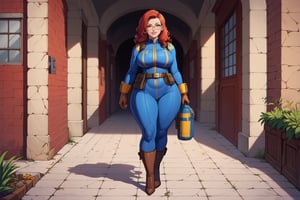 score_9, score_8_up, score_7_up, best quality, masterpiece, 4k, solo_female, full-length_portrait, fully_dressed, fully_clothed, fallout_4, vault_dweller, vault suit, blue vault suit, pipboy, thigh high boots, high heeled boots, brown high heeled boots, yellow vault dweller belt, round glasses, meganekko, curvaceous, plump breasts, huge ass, wide hips, thicc thighs, loose belt, loose belt around waist, tool belt, brown work gloves, red hair, very long red hair, extra long red hair, red hair past waist, red hair past knees, wavy red hair, freckles, standing,