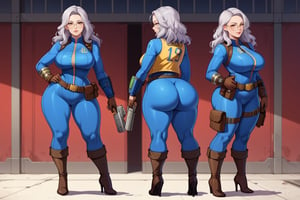 score_9, score_8_up, score_7_up, best quality, masterpiece, 4k, solo_female, full-length_portrait, fully_dressed, fully_clothed, fallout_4, vault_dweller, vault suit, vault 20, blue vault suit, pipboy, very tall thigh high boots, thigh high boots, high heeled boots, brown high heeled boots, yellow vault dweller belt, tool vest, open tool vest, curvaceous, plump breasts, huge ass, wide hips, thicc thighs, loose belt, loose belt around waist, tool belt, brown work gloves, long brown work gloves, silver hair, very long hair, hair past waist, hair past knees, hair reaches ground, wavy hair, round glasses, meganekko, standing,