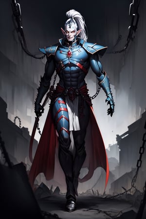 A full-body concept illustration of a single athletic male individual in the style of Warhammer 40k Drukhari Archon. He is a tall and darkly dashing Dark Eldar male from the Warhammer 40000 franchise. This Male Drukhari has deathly pale white skin from which his veins are barely visible. This male Drukhari has night black raven hair that is kept in a tall topknot ponytail. This Drukhari male has devilish yellow eyes that speak of maliciousness. This male Drukhari has a strikingly handsome elf like face. This male Drukhari has an athletic and muscular body. He is wearing the bluish-black segmented spiked armor of a Drukhari Archon with a red-orange gem in the center of his chest. He has several skulls dangling from chains around his waist. He is not wearing a helmet. The dark city of his people is visible in the brightly lit and detailed background. He is facing the camera with a devilish grin, complex_background, detailed_background, background