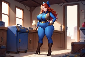 score_9, score_8_up, score_7_up, best quality, masterpiece, 4k, solo_female, full-length_portrait, fully_dressed, fully_clothed, fallout_4, fallout wasteland background, vault_dweller, vault suit, vault 20, blue vault suit, pipboy, very tall thigh high boots, thigh high boots, high heeled boots, brown high heeled boots, yellow vault dweller belt, tool vest, open tool vest, curvaceous, narrow waist, thin waist, plump breasts, round breasts, large breasts, gigantic ass, fat ass, bubble butt, wide hips, very wide hips, thicc thighs, fat thighs, loose belt, loose belt around waist, tool belt, brown work gloves, long brown work gloves, silver hair, very long hair, hair past waist, hair past knees, hair reaches ground, wavy hair, big hair, round glasses, meganekko, pink eyes, standing, hand on hip, red hair bow, toolbox in hand