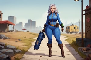 score_9, score_8_up, score_7_up, best quality, masterpiece, 4k, solo_female, full-length_portrait, fully_dressed, fully_clothed, fallout_4, vault_dweller, vault suit, vault 20, blue vault suit, pipboy, very tall thigh high boots, thigh high boots, high heeled boots, brown high heeled boots, yellow vault dweller belt, tool vest, open tool vest, curvaceous, plump breasts, huge ass, wide hips, thicc thighs, loose belt, loose belt around waist, tool belt, brown work gloves, long brown work gloves, silver hair, very long hair, hair past waist, hair past knees, hair reaches ground, wavy hair, round glasses, meganekko, standing,