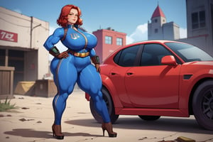 score_9, score_8_up, score_7_up, best quality, masterpiece, 4k, solo_female, full-length_portrait, fully_dressed, fully_clothed, fallout_4, vault_dweller, vault suit, blue vault suit, pipboy, very tall thigh high boots, extra tall thigh high boots, tall thigh high boots, thigh high boots, high heeled boots, brown high heeled boots, yellow vault dweller belt, curvaceous, plump breasts, huge ass, wide hips, thicc thighs, six pack, biceps, loose belt, loose belt around waist, tool belt, brown work gloves, red hair, very long red hair, red hair past waist, red hair past knees, wavy red hair, freckles, standing,
