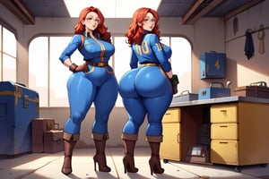 score_9, score_8_up, score_7_up, best quality, masterpiece, 4k, solo_female, full-length_portrait, fully_dressed, fully_clothed, fallout_4, fallout wasteland background, vault_dweller, vault suit, vault 20, blue vault suit, pipboy, very tall thigh high boots, thigh high boots, high heeled boots, brown high heeled boots, yellow vault dweller belt, tool vest, open tool vest, curvaceous, narrow waist, thin waist, plump breasts, gigantic ass, fat ass, bubble butt, wide hips, very wide hips, thicc thighs, loose belt, loose belt around waist, tool belt, brown work gloves, long brown work gloves, red hair, very long hair, hair past waist, hair past knees, hair reaches ground, wavy hair, round glasses, meganekko, green eyes, standing, hand on hip, red bow in hair, toolbox in hand