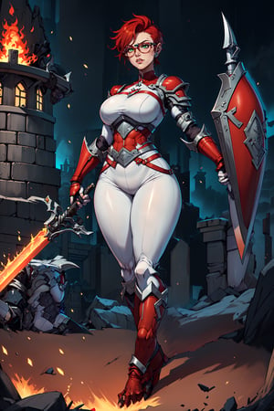 A full-body concept illustration of an athletically thin single female individual in the style of Human 90s Warcraft Armored Mage. She is young. She is below average height and wears the red and white colors of the fictional nation of Stromgarde from the Warcraft franchise. She has fiery red hair and striking intense green eyes. She is wearing the battered heavy full-plate armor of a knight of the Grand Alliance from the Warcraft franchise mixed with the traditional robes of a Mage from the Warcraft franchise. She has large round breasts and a slender waist. She has wide hips and busty thighs. Her fiery red hair is very short. Her fiery red hair is cut close to her head in an extremely short pixie cut. She is wearing large circular glasses. In one hand she is holding a very long sword with a glowing blade. In the other hand she is holding a very large shield with the red armored fist symbol on it. This is the symbol of Stromgarde. Her battered heavy full-plate armor is one size too large. Her armor has armored high-heeled boots. 
She is standing at an angle facing the user in a dynamic and heroic pose in front of a complex and highly detailed background of a brightly lit background of an open field with a castle in the distance,1 girl,complex_background, detailed_background, long_pants, armored, armored_dress, shield, holding_sword