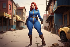 score_9, score_8_up, score_7_up, best quality, masterpiece, 4k, solo_female, full-length_portrait, fully_dressed, fully_clothed, fallout_4, vault_dweller, vault suit, blue vault suit, pipboy, very tall thigh high boots, extra tall thigh high boots, tall thigh high boots, thigh high boots, high heeled boots, brown high heeled boots, yellow vault dweller belt, curvaceous, plump breasts, huge ass, wide hips, thicc thighs, six pack, biceps, loose belt, loose belt around waist, tool belt, brown work gloves, red hair, very long red hair, red hair past waist, red hair past knees, wavy red hair, freckles, standing,