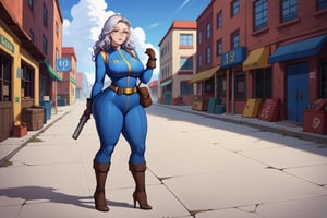 score_9, score_8_up, score_7_up, best quality, masterpiece, 4k, solo_female, full-length_portrait, fully_dressed, fully_clothed, fallout_4, vault_dweller, vault suit, vault 20, blue vault suit, pipboy, very tall thigh high boots, thigh high boots, high heeled boots, brown high heeled boots, yellow vault dweller belt, tool vest, open tool vest, curvaceous, narrow waist, thin waist, plump breasts, huge ass, wide hips, very wide hips, thicc thighs, loose belt, loose belt around waist, tool belt, brown work gloves, long brown work gloves, silver hair, very long hair, hair past waist, hair past knees, hair reaches ground, wavy hair, round glasses, meganekko, pink eyes, standing,