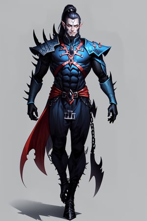 A full-body concept illustration of a single athletic male individual in the style of Warhammer 40k Drukhari Archon. He is a tall and darkly dashing Dark Eldar male from the Warhammer 40000 franchise. This Male Drukhari has deathly pale white skin from which his veins are barely visible. This male Drukhari has night black raven hair that is kept in a tall topknot ponytail. This Drukhari male has devilish yellow eyes that speak of maliciousness. This male Drukhari has a strikingly handsome elf like face. This male Drukhari has an athletic and muscular body. He is wearing the bluish-black segmented spiked armor of a Drukhari Archon with a red-orange gem in the center of his chest. He has several skulls dangling from chains around his waist. He is not wearing a helmet. The dark city of his people is visible in the brightly lit and detailed background. He is facing the camera with a devilish grin, complex_background, detailed_background, background, 