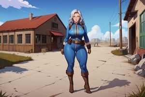 score_9, score_8_up, score_7_up, best quality, masterpiece, 4k, solo_female, full-length_portrait, fully_dressed, fully_clothed, fallout_4, vault_dweller, vault suit, vault 20, blue vault suit, pipboy, very tall thigh high boots, thigh high boots, high heeled boots, brown high heeled boots, yellow vault dweller belt, tool vest, open tool vest, curvaceous, plump breasts, huge ass, wide hips, thicc thighs, loose belt, loose belt around waist, tool belt, brown work gloves, long brown work gloves, silver hair, very long hair, hair past waist, hair past knees, hair reaches ground, wavy hair, round glasses, meganekko, standing,