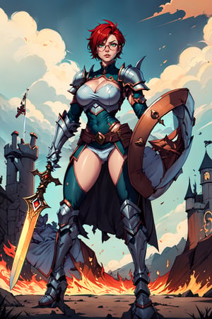 A full-body concept illustration of an athletically thin single female individual in the style of Human 90s Warcraft Armored Mage. She is young. She is below average height and wears the red and white colors of the fictional nation of Stromgarde from the Warcraft franchise. She has fiery red hair and striking intense green eyes. She is wearing the battered heavy full-plate armor of a knight of the Grand Alliance from the Warcraft franchise mixed with the traditional robes of a Mage from the Warcraft franchise. She has large round breasts and a slender waist. She has wide hips and busty thighs. Her fiery red hair is very short. Her fiery red hair is cut close to her head in an extremely short pixie cut. She is wearing large circular glasses. In one hand she is holding a very long sword with a glowing blade. In the other hand she is holding a very large shield with the red armored fist symbol on it. This is the symbol of Stromgarde. Her battered heavy full-plate armor is one size too large. Her armor has armored high-heeled boots. 
She is standing at an angle facing the user in a dynamic and heroic pose in front of a complex and highly detailed background of a brightly lit background of an open field with a castle in the distance,1 girl,complex_background, detailed_background,