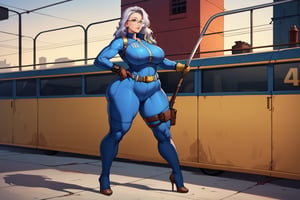 score_9, score_8_up, score_7_up, best quality, masterpiece, 4k, solo_female, full-length_portrait, fully_dressed, fully_clothed, fallout_4, vault_dweller, vault suit, blue vault suit, pipboy, very tall thigh high boots, extra tall thigh high boots, tall thigh high boots, thigh high boots, high heeled boots, brown high heeled boots, yellow vault dweller belt, curvaceous, plump breasts, huge ass, wide hips, thicc thighs, six pack, biceps, loose belt, loose belt around waist, tool belt, brown work gloves, long brown work gloves, silver hair, very long hair, wavy hair, round glasses, meganekko, standing,