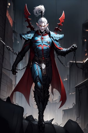 A full-body concept illustration of a single athletic male individual in the style of Warhammer 40k Drukhari Archon. He is a tall and darkly dashing Dark Eldar male from the Warhammer 40000 franchise. This Male Drukhari has deathly pale white skin from which his veins are barely visible. This male Drukhari has night black raven hair that is kept in a tall topknot ponytail. This Drukhari male has devilish yellow eyes that speak of maliciousness. This male Drukhari has a strikingly handsome elf like face. This male Drukhari has an athletic and muscular body. He is wearing the bluish-black segmented spiked armor of a Drukhari Archon with a red-orange gem in the center of his chest. He has several skulls dangling from chains around his waist. He is not wearing a helmet. The dark city of his people is visible in the brightly lit and detailed background. He is facing the camera with a devilish grin, complex_background, detailed_background, background, 