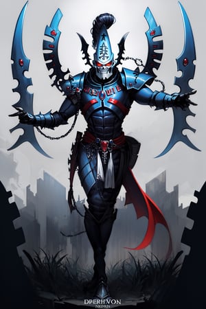 A full-body concept illustration of a single athletic male individual in the style of Warhammer 40k Drukhari Archon. He is a tall and darkly dashing Dark Eldar male from the Warhammer 40000 franchise. This Male Drukhari has deathly pale white skin from which his veins are barely visable. This male Drukhari has night black raven hair that is in kept in a tall topknot ponytail. This Drukhari male has devilish yellow eyes that speak of maliciousness. This male Drukhari has an athletic and muscular body. He is wearing the bluish black segmented spiked armor of a Drukhari Archon with a red orange gem in the center of his chest. He has several skulls dangling from chains around his waist. He is not wearing a helmet. The dark city of his people is visible in the brightly lit and detailed background. He is facing the camera with a devilish grin, 