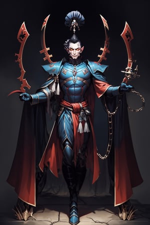 A full-body concept illustration of a single athletic male individual in the style of Warhammer 40k Drukhari Archon. He is a tall and darkly dashing Dark Eldar male from the Warhammer 40000 franchise. This Male Drukhari has deathly pale white skin from which his veins are barely visible. This male Drukhari has night black raven hair that is kept in a tall topknot ponytail. This Drukhari male has devilish yellow eyes that speak of maliciousness. This male Drukhari has a strikingly handsome elf like face. This male Drukhari has an athletic and muscular body. He is wearing the bluish-black segmented spiked armor of a Drukhari Archon with a red-orange gem in the center of his chest. He has several skulls dangling from chains around his waist. He is not wearing a helmet. The dark city of his people is visible in the brightly lit and detailed background. He is facing the camera with a devilish grin, complex_background, detailed_background, background, 