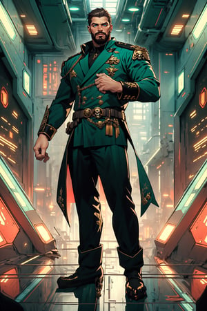 A full-body concept illustration of a single male individual in the style of an officer of the Imperial Guard the Warhammer 40000 franchise. He is a an bulky male science fiction fantasy soldier in a tan and green sci-fi army officer's outfit with elements of the age of sail and bare arms.  short scruffy brown hair and a beard. He has striking blue eyes with pronounced dark rings under them. He is of towering height. he is overly muscled like a body builder. His tan and green Imperial Guard outfit of the Warhammer 40000 franchise is predominately tan has gold epaulets and gold trim and green cuffs as well as green liner. His outfit has several gold skulls. His uniform has an excessive number of medals and ribbons as well as skull like decorations. The futuristic brightly lit background is both complex and detailed, complex_background, detailed_background,Pirate,Science fiction, bodybuilder, large_muscles, square_jaw
