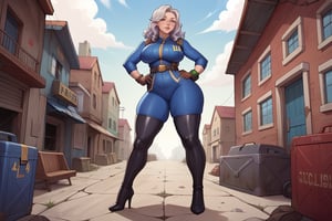 score_9, score_8_up, score_7_up, best quality, masterpiece, 4k, solo_female, full-length_portrait, fully_dressed, fully_clothed, fallout_4, fallout wasteland background, vault_dweller, vault suit, vault 20, blue vault suit, pipboy, fallout pipboy on wrist, very tall thigh high boots, thigh high boots, high heeled boots, brown high heeled boots, yellow vault dweller belt, tool vest, open tool vest, curvaceous, narrow waist, thin waist, plump breasts, round breasts, large breasts, gigantic ass, fat ass, bubble butt, large bubble butt, wide hips, very wide hips, thicc thighs, fat thighs, loose belt, loose belt around waist, tool belt, brown work gloves, long brown work gloves, silver hair, very long hair, hair past waist, hair past knees, hair reaches ground, wavy hair, big hair, round glasses, meganekko, pink eyes, standing, facing forward at an angle, hand on hip, red hair bow, toolbox in hand,