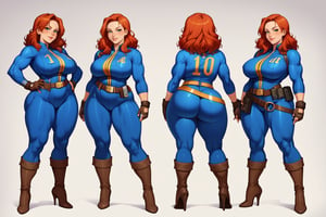 score_9, score_8_up, score_7_up, best quality, masterpiece, 4k, solo_female, full-length_portrait, fully_dressed, fully_clothed, fallout_4, vault_dweller, vault suit, blue vault suit, pipboy, very tall thigh high boots, extra tall thigh high boots, tall thigh high boots, thigh high boots, high heeled boots, brown high heeled boots, yellow vault dweller belt, curvaceous, plump breasts, huge ass, wide hips, thicc thighs, six pack, biceps, loose belt, loose belt around waist, tool belt, brown work gloves, red hair, very long red hair, extra long red hair, red hair past waist, red hair past knees, wavy red hair, freckles, standing,