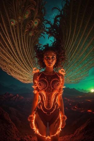 A youthful girl's form slowly contorts and expands, feathers sprouting from her arms and torso as she morphs into a majestic peacock. Against a rich, volcanic backdrop of crimson and burnt orange hues, the Alboca glass manufacturing facility hums in the background. Gigapascal pressure vessels glow with an eerie uranium green light, casting an otherworldly ambiance on the scene. The raw, photorealistic depiction captures the surreal moment with unflinching accuracy.,Illustration,1 girl,Detailedface,Enhance