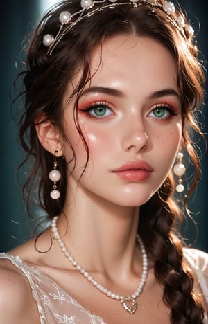 young woman with wavy, tousled hair styled with a braided crown. She has striking green eyes and a soft, natural makeup look, featuring a light pink blush and glossy lips. The subject wears a delicate necklace with a round pendant and pearl accents, enhancing her elegant appearance. The background is softly blurred, allowing natural light to accentuate her features. The overall color palette includes soft blues and warm skin tones, creating a fresh and inviting atmosphere. The image exudes a dreamy, ethereal quality, making it ideal for a romantic or fashion-themed composition.

