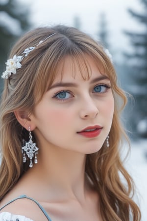 realistic photo, raw, young female woman, Her blonde hair is adorned with small floral accessories, and she wears earrings that match her eye color. The background suggests a wintry scene, possibly indicating a season or theme associated with the character. The use of blue tones in her eyes and the background may symbolize depth or emotion. The overall composition is artistic and evocative, designed to convey a sense of character and narrative without the need for text.