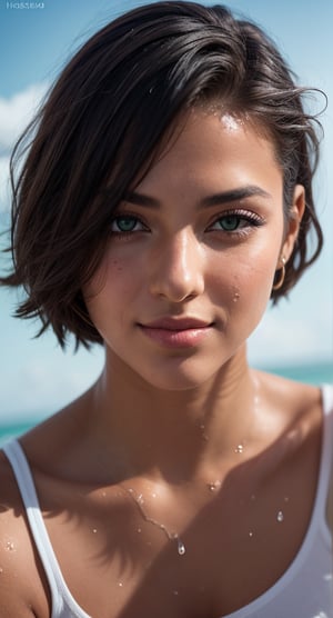 Prompt: petite Portuguese girl, 24 years old, short hair,messy hair, dark brown hair, juicy lips,,dark brown eyes, green eyes, tanned skin, real skin high cheekbones, (wide bulbous nose:1.4), (nose turned upward:1.4), (Beauty photograph:1.3), slim, (low-cut wet t-shirt:1.2), close up face, looking camera, winning photo awards, winning smile, lovely looking eyes, Caribbean beac, surfer beauty,, sexy and alluring, muted colours, vaporwave aesthetics, (photorealistic:1.3), from above, well-lit, (shot on Hasselblad 500CM:1.4), Fujicolor Pro film, in the style of Helmut Newton, (photorealistic:1.3), highest quality, detailed and intricate, original shot,detailmaster2,masterpiece
