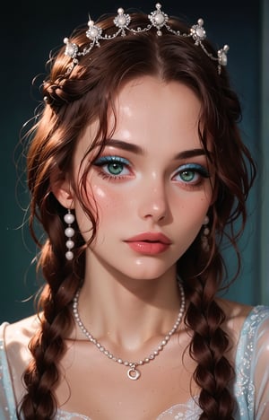 young woman with wavy, tousled hair styled with a braided crown. She has striking green eyes and a soft, natural makeup look, featuring a light pink blush and glossy lips. The subject wears a delicate necklace with a round pendant and pearl accents, enhancing her elegant appearance. The background is softly blurred, allowing natural light to accentuate her features. The overall color palette includes soft blues and warm skin tones, creating a fresh and inviting atmosphere. The image exudes a dreamy, ethereal quality, making it ideal for a romantic or fashion-themed composition.

