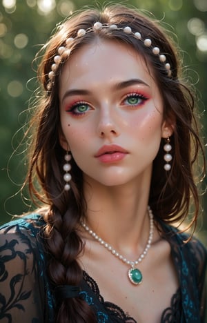 young woman with wavy, tousled hair styled with a braided crown. She has striking green eyes and a soft, natural makeup look, featuring a light pink blush and glossy lips. The subject wears a delicate necklace with a round pendant and pearl accents, enhancing her elegant appearance. The background is softly blurred, allowing natural light to accentuate her features. The overall color palette includes soft blues and warm skin tones, creating a fresh and inviting atmosphere. The image exudes a dreamy, ethereal quality, making it ideal for a romantic or fashion-themed composition.

