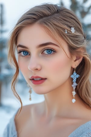 realistic photo, raw, young female woman, Her blonde hair is adorned with small floral accessories, and she wears earrings that match her eye color. The background suggests a wintry scene, possibly indicating a season or theme associated with the character. The use of blue tones in her eyes and the background may symbolize depth or emotion. The overall composition is artistic and evocative, designed to convey a sense of character and narrative without the need for text.