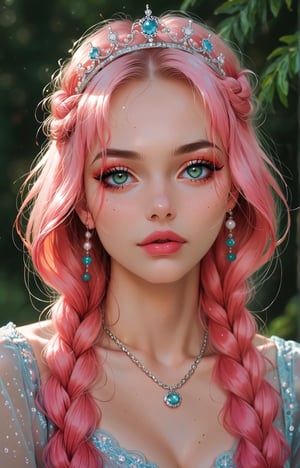 young woman with wavy, tousled hair styled with a braided crown. She has striking green eyes and a soft, natural makeup look, featuring a light pink blush and glossy lips. The subject wears a delicate necklace with a round pendant and pearl accents, enhancing her elegant appearance. The background is softly blurred, allowing natural light to accentuate her features. The overall color palette includes soft blues and warm skin tones, creating a fresh and inviting atmosphere. The image exudes a dreamy, ethereal quality, making it ideal for a romantic or fashion-themed composition.

