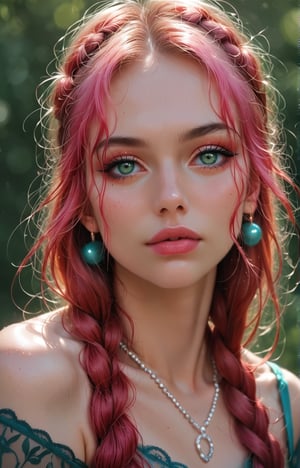 young woman with wavy, tousled hair styled with a braided crown. She has striking green eyes and a soft, natural makeup look, featuring a light pink blush and glossy lips. The subject wears a delicate necklace with a round pendant and pearl accents, enhancing her elegant appearance. The background is softly blurred, allowing natural light to accentuate her features. The overall color palette includes soft blues and warm skin tones, creating a fresh and inviting atmosphere. The image exudes a dreamy, ethereal quality, making it ideal for a romantic or fashion-themed composition.

