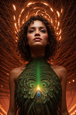 A youthful girl's form slowly contorts and expands, feathers sprouting from her arms and torso as she morphs into a majestic peacock. Against a rich, volcanic backdrop of crimson and burnt orange hues, the Alboca glass manufacturing facility hums in the background. Gigapascal pressure vessels glow with an eerie uranium green light, casting an otherworldly ambiance on the scene. The raw, photorealistic depiction captures the surreal moment with unflinching accuracy.,Illustration,1 girl,Detailedface