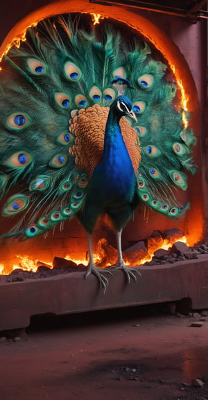 A youthful girl's form slowly contorts and expands, feathers sprouting from her arms and torso as she morphs into a majestic peacock. Against a rich, volcanic backdrop of crimson and burnt orange hues, the Alboca glass manufacturing facility hums in the background. Gigapascal pressure vessels glow with an eerie uranium green light, casting an otherworldly ambiance on the scene. The raw, photorealistic depiction captures the surreal moment with unflinching accuracy.,Illustration,Sexy Toon,facial expression,campervan