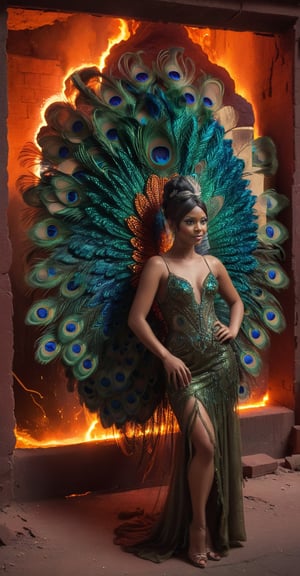 A youthful girl's form slowly contorts and expands, feathers sprouting from her arms and torso as she morphs into a majestic peacock. Against a rich, volcanic backdrop of crimson and burnt orange hues, the Alboca glass manufacturing facility hums in the background. Gigapascal pressure vessels glow with an eerie uranium green light, casting an otherworldly ambiance on the scene. The raw, photorealistic depiction captures the surreal moment with unflinching accuracy.,Illustration,Sexy Toon,facial expression,campervan