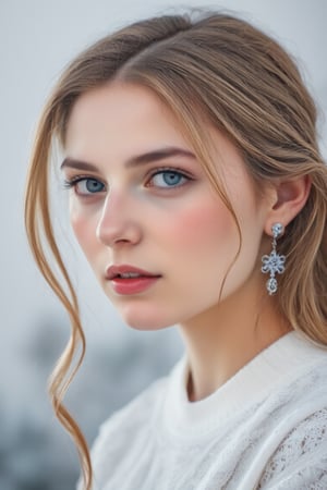 realistic photo, raw, young female woman, Her blonde hair is adorned with small floral accessories, and she wears earrings that match her eye color. The background suggests a wintry scene, possibly indicating a season or theme associated with the character. The use of blue tones in her eyes and the background may symbolize depth or emotion. The overall composition is artistic and evocative, designed to convey a sense of character and narrative without the need for text.