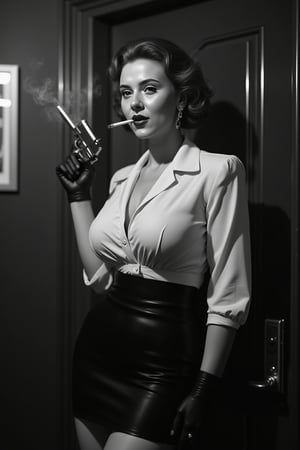 A sultry 1950s mafia pin-up girl posing seductively in a dark, smoky room. She's dressed in a fitted, high-waisted skirt and a crisp white blouse, showcasing her curvaceous figure and massively huge breasts. Her nipples are delicately rendered, accentuating the sensuality of the scene. A cigarette dangles from her lip, exuding a sense of sophistication and danger. In one hand, she grasps a gun, symbolizing power and allure. The frame is composed to emphasize her curves, with strong shadows and highlights that evoke a classic film noir aesthetic. The entire image is rendered in photorealistic black and white, with meticulous details that transport the viewer to a bygone era of glamour and intrigue.