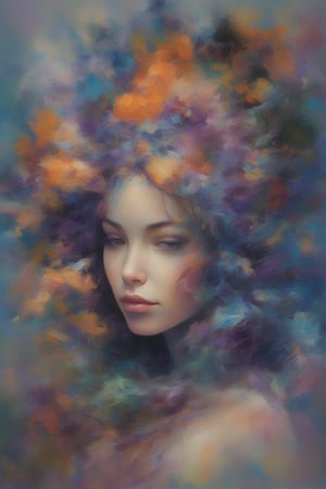 Frontal portrait of a whimsical and colorful woman resembling a mermaid or siren. Fair complexion, youthful features, wide open eyes, and delicate freckles on nose and cheeks. Vibrant, gravity-defying hair in shades of purple, blue, orange, and teal. Hair transitions into tendrils or aquatic flora, creating an underwater illusion. Small bubbles floating around the head add to the underwater theme. Attire or visible body part resembles teal and green fish scales with vibrant colors. Overall effect: Serene and otherworldly underwater creature in quiet contemplation.,Midjourney_Whisper