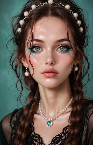 young woman with wavy, tousled hair styled with a braided crown. She has striking green eyes and a soft, natural makeup look, featuring a light pink blush and glossy lips. The subject wears a delicate necklace with a round pendant and pearl accents, enhancing her elegant appearance. The background is softly blurred, allowing natural light to accentuate her features. The overall color palette includes soft blues and warm skin tones, creating a fresh and inviting atmosphere. The image exudes a dreamy, ethereal quality, making it ideal for a romantic or fashion-themed composition.

