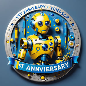 text: ((("1st Anniversary Tensor Art":1.5))), circular badge,  robotic figure, possibly a humanoid robot, holding a paintbrush and painting on a canvas. The canvas displays a vibrant mix of blue and yellow paint swirls. There's a badge or emblem on the canvas that reads text: (1st Anniversary Tensor Art:1.5), The robot appears to be intricately designed with metallic components, tubes, and a detailed head. The background is a muted shade, emphasizing the robot and the canvas., ((("1st Anniversary Tensor Art":1.5))), spelling: "1st a n n i v e r s a r y   t e n s o r  a r t"
