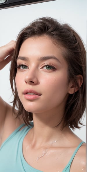 Prompt: petite Portuguese girl, 24 years old, short hair,messy hair, dark brown hair, juicy lips,,dark brown eyes, green eyes, tanned skin, real skin high cheekbones, (wide bulbous nose:1.4), (nose turned upward:1.4), (Beauty photograph:1.3), slim, (low-cut wet t-shirt:1.2), close up face, looking camera, winning photo awards, winning smile, lovely looking eyes, Caribbean beac, surfer beauty,, sexy and alluring, muted colours, vaporwave aesthetics, (photorealistic:1.3), from above, well-lit, (shot on Hasselblad 500CM:1.4), Fujicolor Pro film, in the style of Helmut Newton, (photorealistic:1.3), highest quality, detailed and intricate, original shot,detailmaster2,masterpiece
,PatiTonin