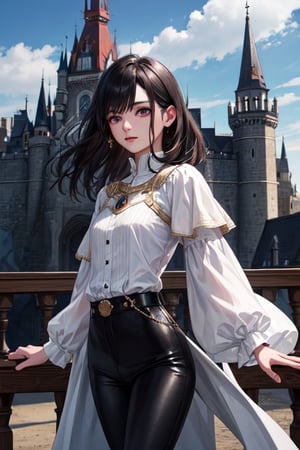 ((masterpiece)), ((best quality)), ((ultra high resolution)), realistic, 1girl, tom boy, princess, fantasy, masculine clothing, black pants, black hair, violet eyes, small bust, white blouse, medieval, castle, royalty,