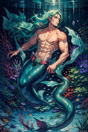 ((best quality)), ((masterpiece)), (detailed), male, finned ears, fins on his cheeks, bioluminescent markings across entire body, A black mermaid tail, red eyes, (green blue hair), mermaid, bulky, buff, muscular, lean, masculine,Mermaid