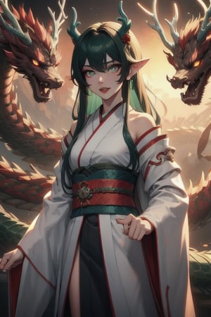 ((best quality)), ((masterpiece)), (detailed), female, sharp eyes, jade, japanese, petite, slender, fangs, petite, pointed ears, long_hair, rosey lips, slit pupils, robes, japanese_dragon, jade_dragon, green scales, dark green hair, glowing eyes, blue pupils, jade eyes, scales, yukata, chinese dragon, branch like horns, antlers, 