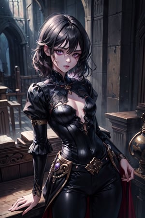 ((masterpiece)), ((best quality)), ((ultra high resolution)), realistic, 1girl, tom boy princess, fantasy, masculine clothing, black pants, black hair, violet eyes, small bust, blouse, medieval,fantasy00d