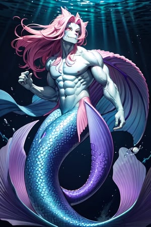 ((best quality)), ((masterpiece)), (detailed), male, sharp eyes, merman, merfolk, Sharp teeth, lean and muscular body, sharp claws, Long finned ears, fins growing from his cheeks, whiskers scales and fins that glow,  tail glows slightly with luminous scales, bioluminescent markings along his body, has a purple mermaid tail, with pink glowing spots,