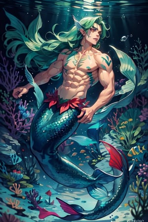 ((best quality)), ((masterpiece)), (detailed), male, finned ears, fins on his cheeks, bioluminescent markings across entire body, A black mermaid tail, red eyes, (green blue hair), mermaid, bulky, buff, muscular, lean, masculine,Mermaid
