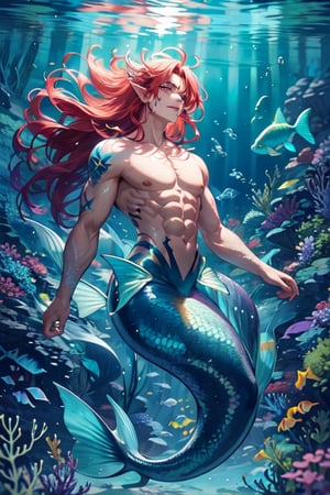 ((best quality)), ((masterpiece)), (detailed), male, sharp eyes, merman, merfolk, Sharp teeth, lean and muscular body, Long finned ears, fins, fins on  his cheeks, tail glows slightly with luminous scales, bioluminescent markings along his body, has a black mermaid tail, siren_core,  red eyes, bioluminescent, markings along his body,