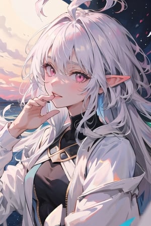 ((masterpiece)), ((ultra detailed)), (ultra quality), (very_high_resolution), merlin, fate/grand_order, very long white hair, ahoge, Pink Eyes, Long Elvish Ears, full-body_portrait, 