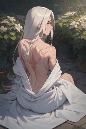score_9, score_8_up, score_7_up, slender lady with a ethereal beauty, golden white hair, long hair, bright yellow eyes, scarred back, small feathers on ground, sitting in garden, back to viewer, looking away, large scars on back, scars, wearing loose robe, fallen angel, sad eyes, crying,